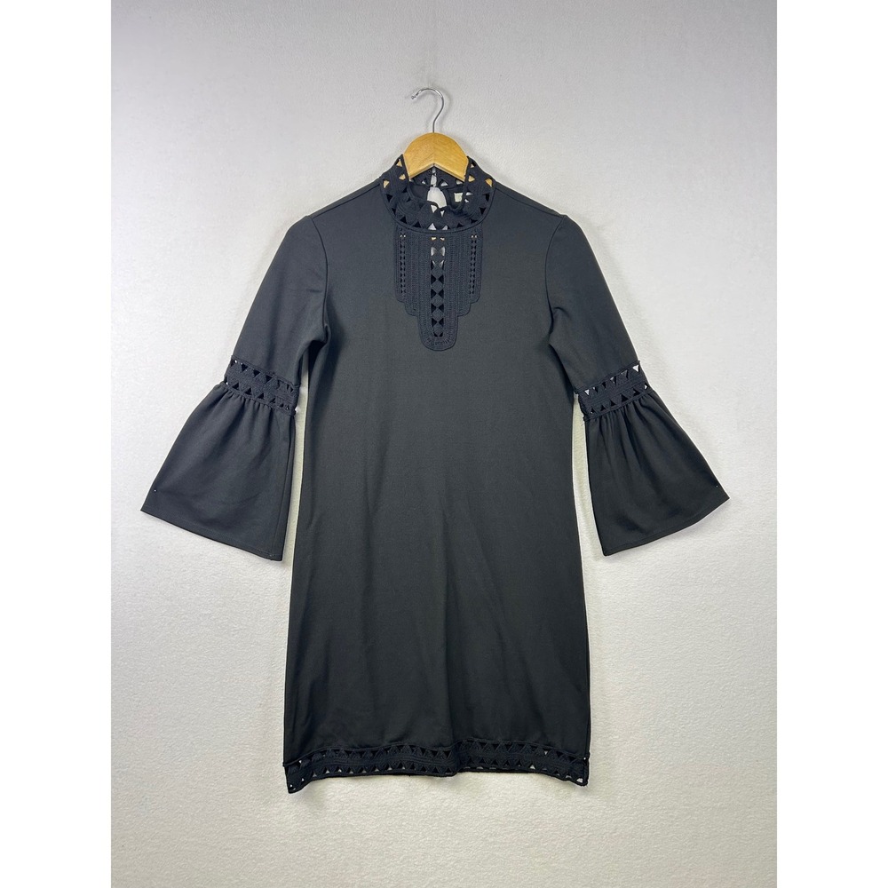 Max Studio Dress XS Black‎ Excellent Crochet Lace Mock Neck Bell Sleeve 7910P53